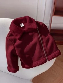 女嬰秋冬可愛百搭卡其色保暖內裡夾克 - 酒紅色 - 查看 4