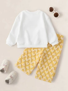 LOONEY TUNES X SHEIN Baby Girl Bow Decor Long Sleeve Sweatshirt And Textured Pants Set - Yellow - View 2