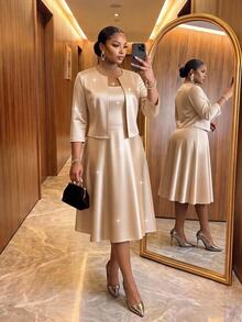 SHEIN Lady CURVE Plus Size Women Solid Color Dress And Cardigan Casual 2 Pieces Set - Gold - View 1