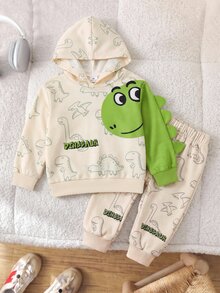 Cozy Pixies 小男孩卡通恐龍兒童圖案針織柔軟連帽長袖套頭運動衫，秋冬款 - 杏色 - 查看 7
