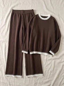 Linhara Plus Size Women's Colorblock Long Sleeve Top And Long Knit Casual Everyday Set - Brown - View 5
