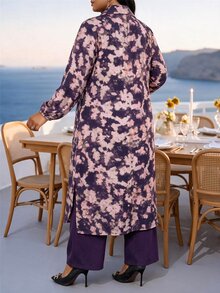 Fleurora Plus Size Floral Print Button-Up Shirt And Pants 2 Pieces Set - Purple - View 2