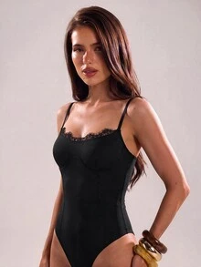 SHEIN BAE Bodysuit Hitam Seksi Wanita yang Dapat Dilacak - Hitam - View 5