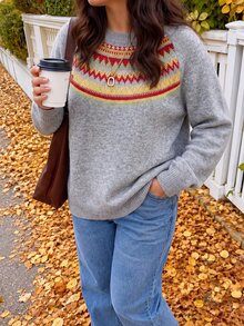 Easura Plus Size Women's Colorblock Casual Daily Long Sleeve Sweater - Grey - View 5