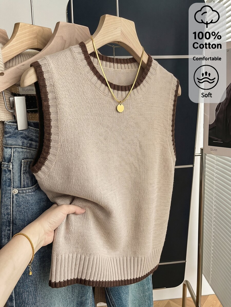 SHEIN Franclia Casual Loose Round Neck Sleeveless Knit Top With Contrast Trim In Khaki For Women, Spring/Autumn - Apricot - View 1