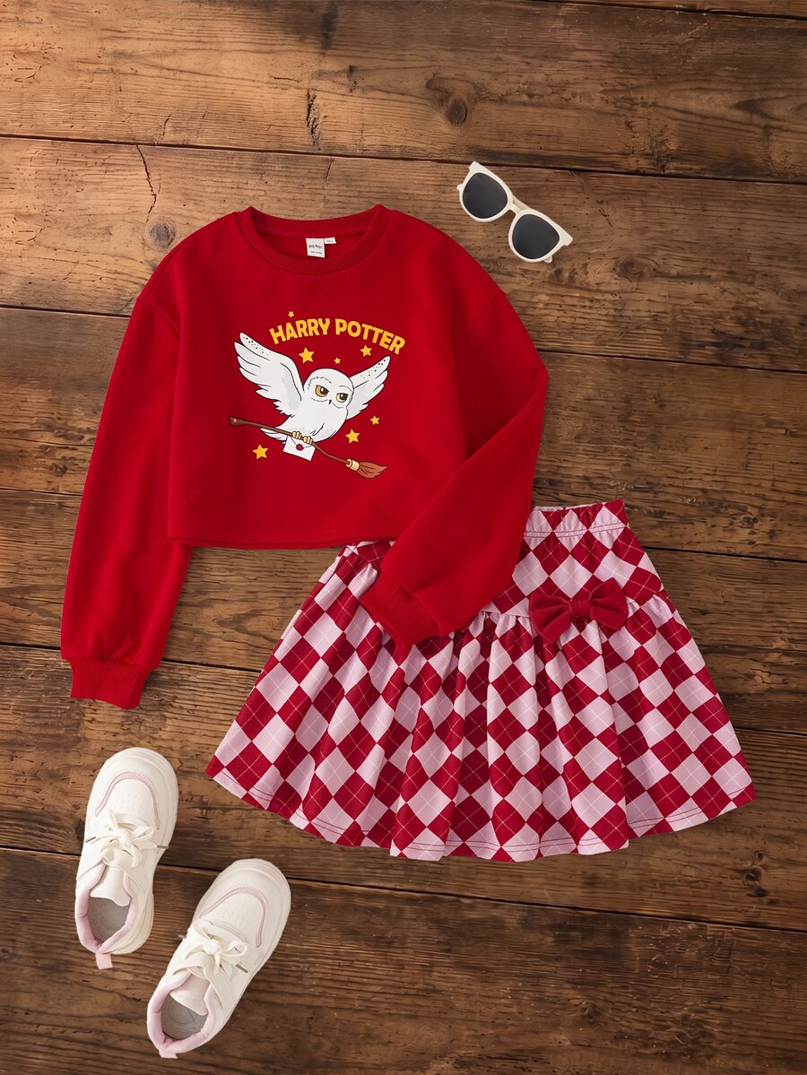 HARRY POTTER X SHEIN Tween Girl Round Neck Long Sleeve Casual Sweatshirt And Diamond Checkered Skirt Set - Red - View 1