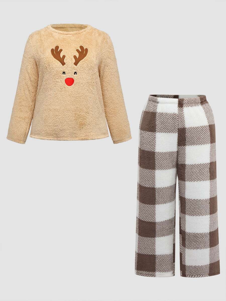 Chillnights Set Pakaian Tidur Rumahan Kasual Sehari-hari dengan Atasan Lengan Panjang Motif Kartun Ukuran Besar dan Celana Kotak-kotak - Coklat - View 1