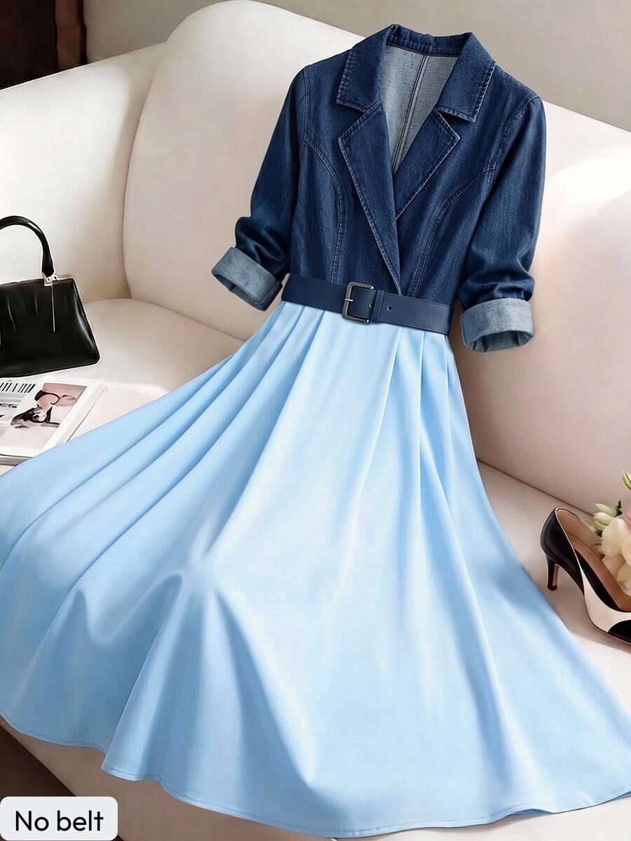 GlowEve Women's Lapel Neck Long Sleeve Color Block Casual Denim Dress - Multicolor - View 1