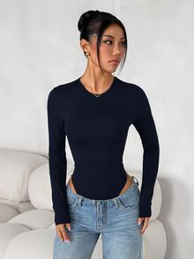 SHEIN PETITE 女款純色修身百搭日常穿著長袖連身衣，黑色，秋季極簡簡約百搭，小碼 - 藏蓝色 - 查看 4
