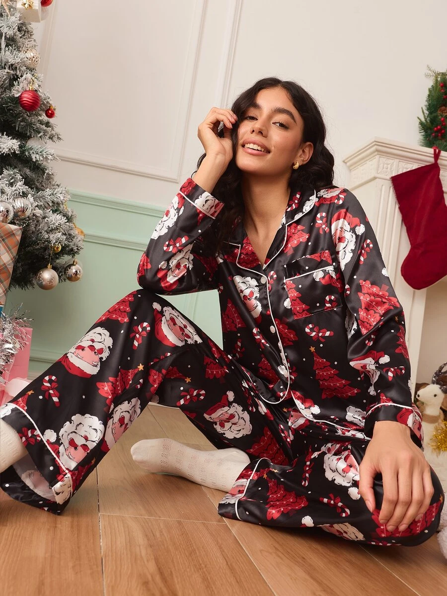 Chillnights PJS8 pyjamasset i satin med digitaltryck för kvinnor - Svart - Visa 1