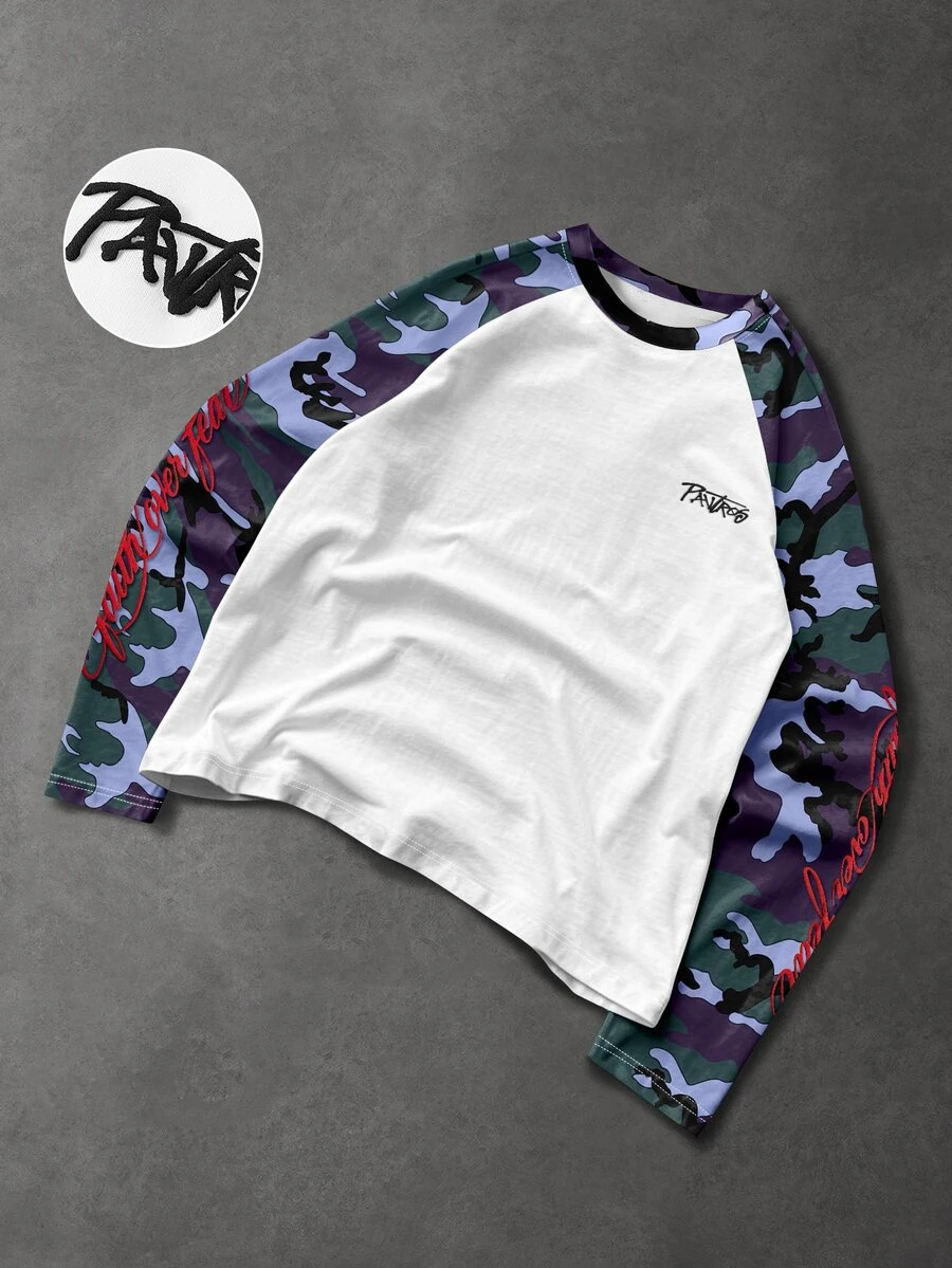 PAVTROS Men's Camouflage Patchwork Letter Print Raglan Sleeve T-Shirt - Multicolor - View 1