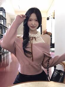 DAZY Women's Pink Lace Patchwork Lace-Up Halter Neck Halterneck Ribbed Knit Slim Fit Long Sleeve Sweater - Pink - View 9