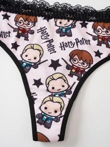 HARRY POTTER X SHEIN Women's Lace Patchwork Cartoon Print Casual Daily Thong Panties - Pink - View 5