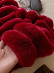 SHEIN EZwear 女款時尚純色毛絨連帽短版夾克，秋冬夜生活穿搭，米白色休閒優雅 - 酒紅色 - 查看 5