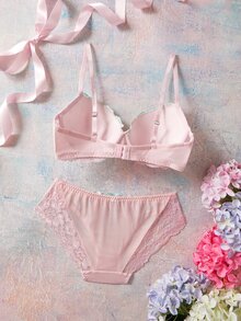 Elorette 2pcs Mint Green Underwire Molded Cup High Support Push Up Lift Floral Embroidery Comfy Balconette Bra Set For Women - Pink - View 2