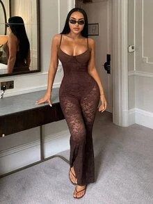 SHEIN SXY Women's Sexy Brown Lace Semi-Sheer Camisole Jumpsuit - Coffee Brown - View 1