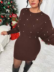 Elenzga 聖誕女性優雅寬鬆珠飾長袖大尺碼針織洋裝，適合約會與夜晚外出，秋冬穿著 - 咖啡棕 - 查看 7