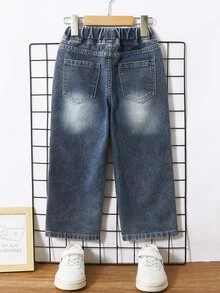 SHEIN 小男孩休閒寬鬆直筒對比縫線工裝牛仔褲 塗鴉街頭童裝 牛仔長褲 嬰兒藍 冬季 - 深色水洗藍 - 查看 3