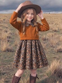 SHEIN Vintaside Kids Girls Elegant Rose Jacquard Knit Patchwork Floral Digital Print Ruffle Collar 2 In 1 Dress, Autumn - Coffee - View 1