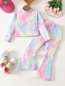 SHEIN Elladie kids 女童彩虹紮染羅紋兩件套，半高領短袖長袖上衣 + 喇叭長褲套裝，適合外出、拍照、假日聚會，春秋穿著 - 粉色 - 查看 7