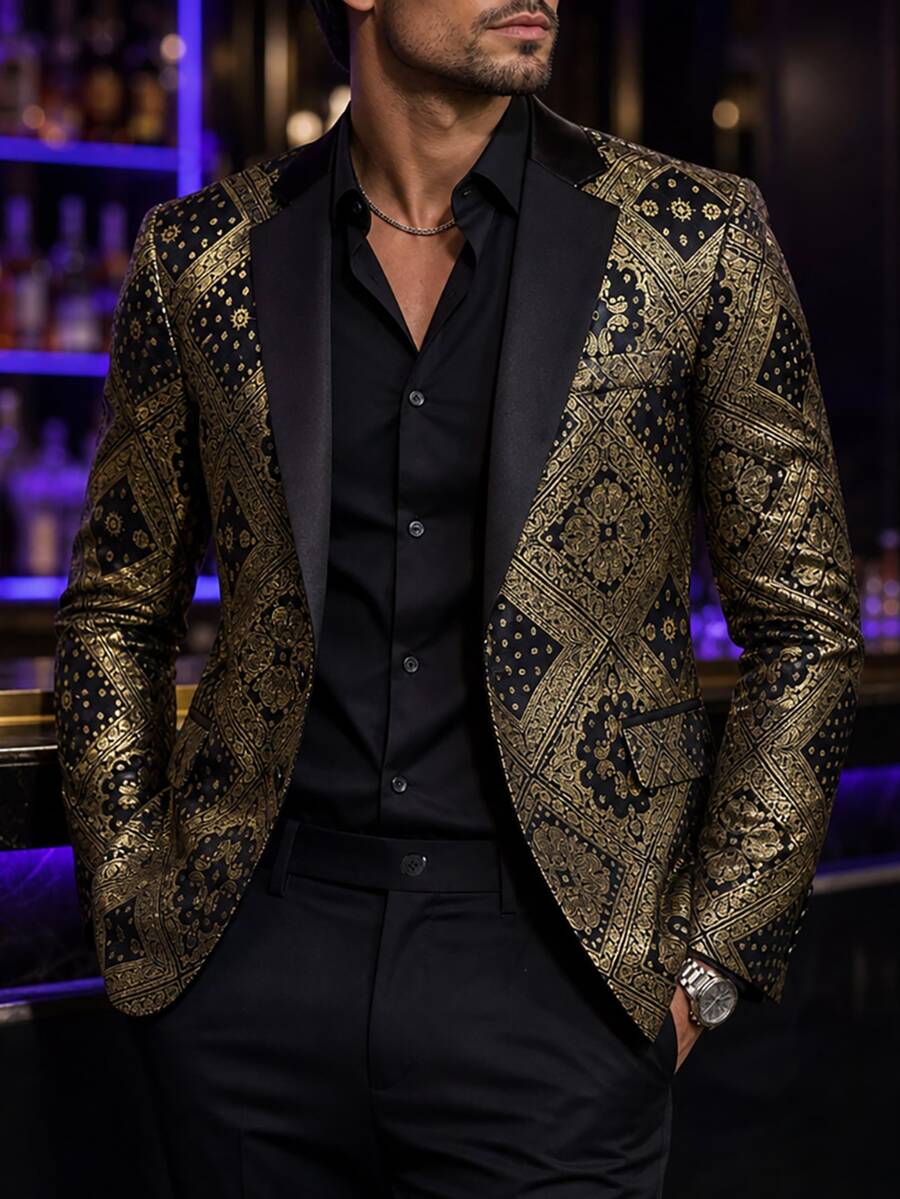 Manfinity AFTRDRK 男士優雅鈕扣長袖夾克與長褲套裝,伴郎服裝,男友禮物 - 黑色 - 查看 1