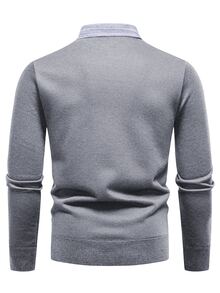 Manfinity Homme Men's Thermal Lined Business Casual Collared Thick Knit Pullover,Navy Blue Winter Work 2 In 1 Patchwork V Neck Ribbed Sweater Jumper For Fall/Winter - Light Grey - View 2