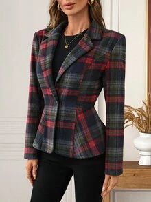 EMERY ROSE Women's Plaid Lapel Neck Long Sleeve Single Button Regular Jacket - Multicolor - View 1