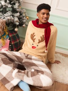 Chillnights Men's Deer Horn Embroidered Long Sleeve Fleece Top And Plaid Pants Loungewear Set - Brown - View 3