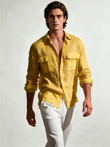 TONEVAULT Men's Solid Color Casual Versatile Daily Wear Shirt - Yellow - View 3