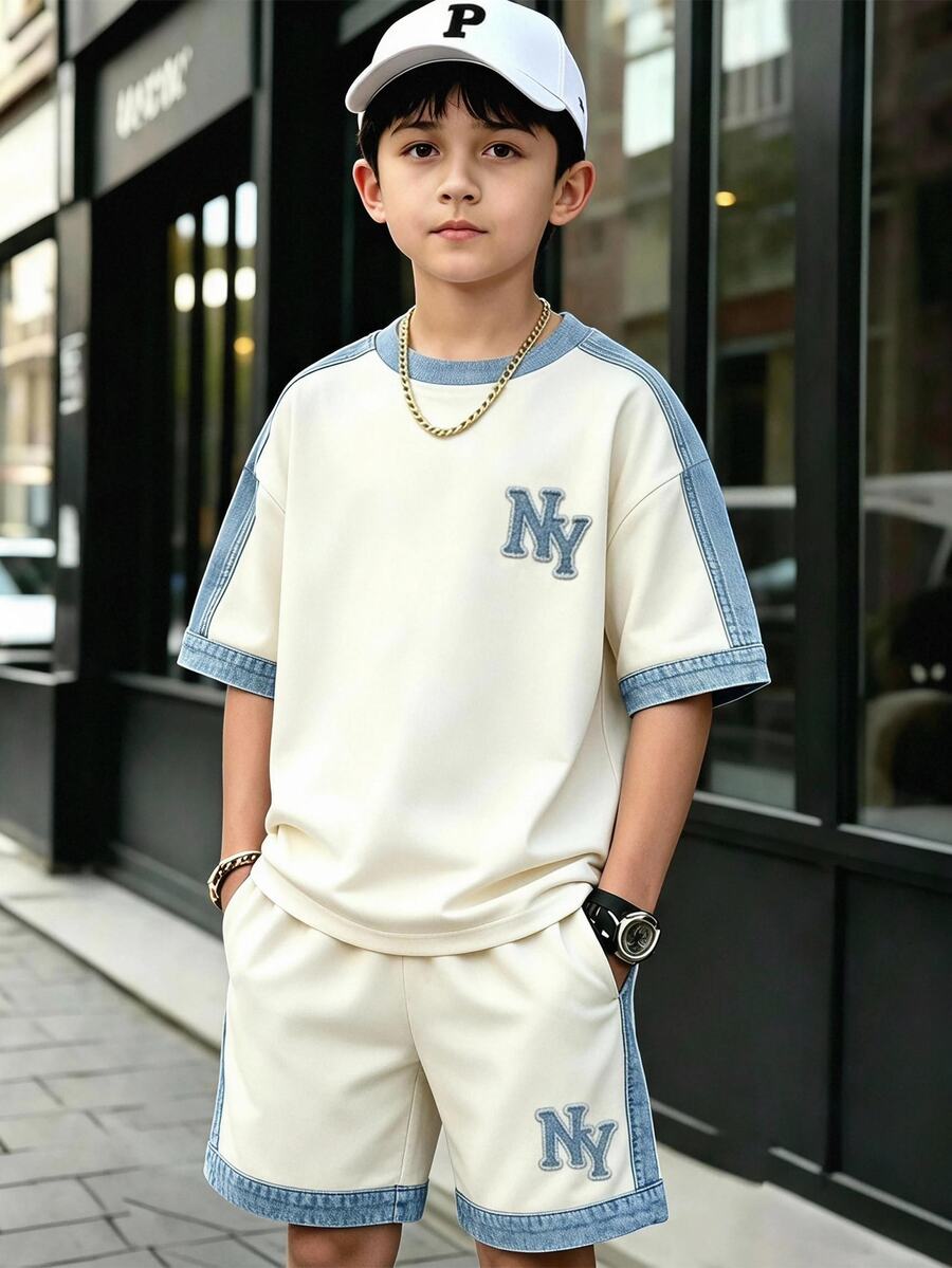 2pcs Teen Boys NV Print Colorblock Crew Neck Short Sleeve T-Shirt + NY Print Colorblock Casual Shorts Set - Multicolor - View 1