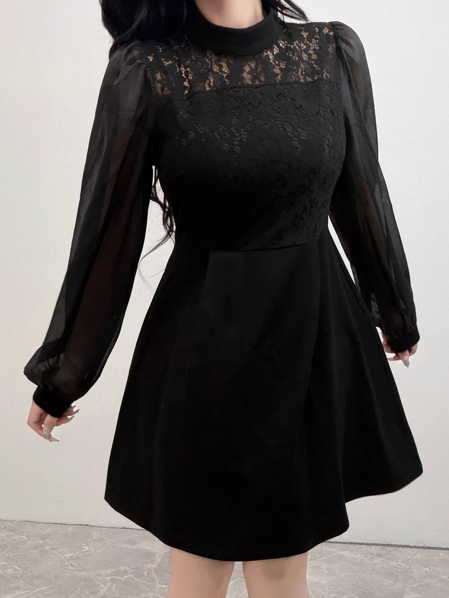 FRIFUL Women's Lace Patchwork Casual Daily Summer Dress - Black - View 1