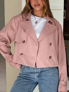 SHEIN EZwear 灰色編織女款長袖雙排扣夾克 辦公室秋季法式優雅 - 粉色 - 查看 3