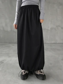 FRIFUL Women's Solid Color Casual Versatile Daily Skirt - Black - View 2