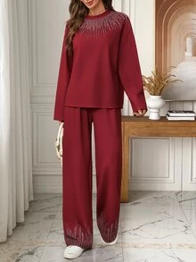 EMERY ROSE Women's Rhinestone Pattern Print Long Sleeve Top And Pants 2 Pieces Set - Red - View 3