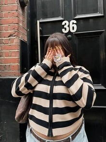 Solavibe 大尺碼淺粉色拉鍊連帽針織開襟衫，校園日常穿搭，秋季返校正式約會外出 Y2K 90s 1960s 冬季 - 黑色 - 查看 8
