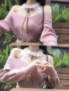 DAZY Women's Pink Lace Patchwork Lace-Up Halter Neck Halterneck Ribbed Knit Slim Fit Long Sleeve Sweater - Pink - View 10