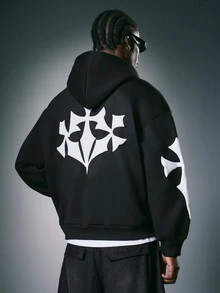 STYNVO Men's Cross Print Long Sleeve Zip-Up Hooded Sweatshirt - Black - View 4
