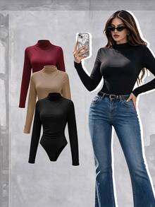 SHEIN Unity 3件組純色抓皺修身連身衣女款秋季布料 - 彩色 - 查看 1