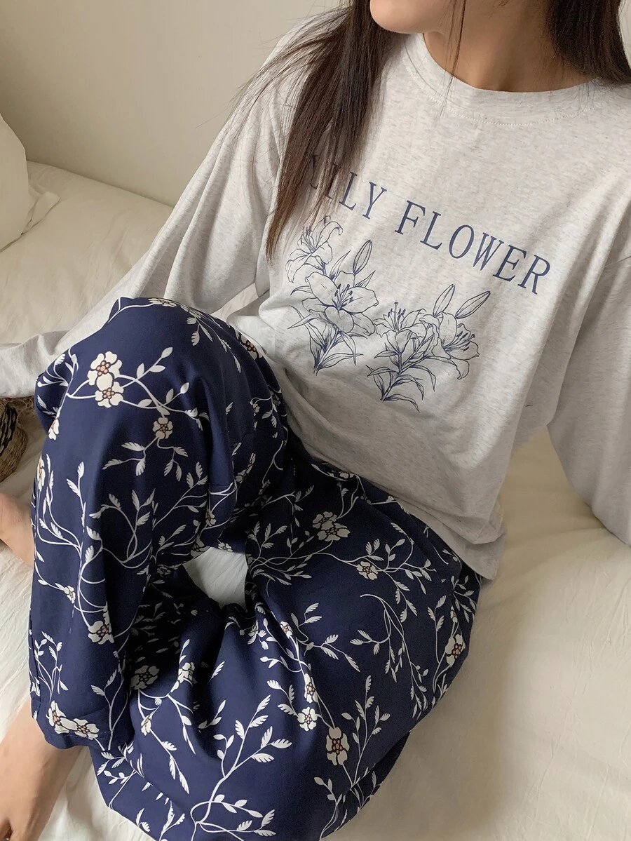 Dazy Plus Ditsy Floral Long Sleeve Loose Tank Top & Straight Leg Long Pajama Pants 2-Piece Sleepwear Set - White - View 1