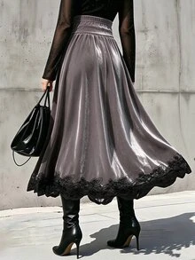 Velvienne Plus Size Velvet Solid Color Lace Trim A-Line Skirt For Women, Autumn/Winter - Dusty Purple - View 2