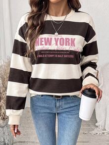 SHEIN LUNE كنزة سويت شيرت بولوفر فضفاضة بأكتاف منسدلة وطبعة خطوط متباينة مع شعار - أبيض - مشاهدة 3