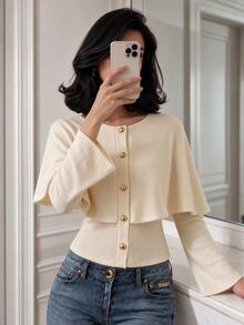 NOVVYNE Women's Sweet Button Waist Cape Top - Apricot - View 6