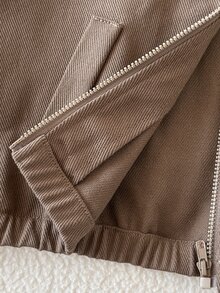 SHEIN 女童 Ins 風格秋冬純棉休閒運動套裝，拼色織帶拼接拉鍊夾克 + 束口運動長褲 - 卡其色 - 查看 7