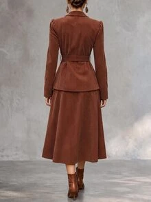 SHEIN Vintage Corduroy Elegant Professional Blazer & Long Skirt Set - Brown - View 2
