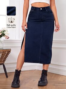 Flexra Plus Size Side Slit Denim Skirt Formal Date Night Black Autumn Casual 1960s - Dark Wash - View 1