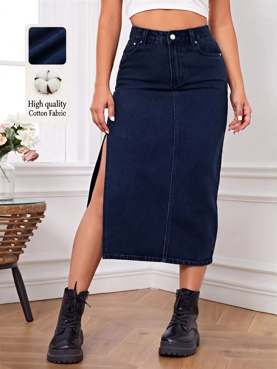 Flexra Plus Size Side Slit Denim Skirt Formal Date Night Black Autumn Casual 1960s - Dark Wash - View 1
