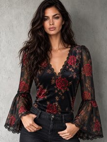 LUMIGAL Vintage Elegant V-Neck Printed Velvet Bell Sleeve Lace Trim Patchwork Fitted T-Shirt - Black - View 1