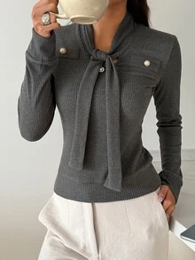 Livesso Women's Streetwear Button Tie Long Sleeve T-Shirt - Dark Grey - View 4