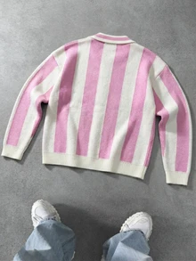 NEOSTRIT Men's Letter Stripe Long Sleeve Casual Loose Fit Sweater - Pink - View 2