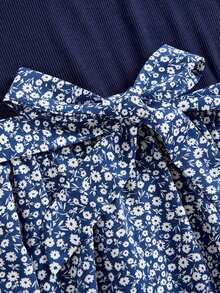 SHEIN 青少年女孩秋季皇家藍純色圓領短袖荷葉邊拼接小碎花下擺繫帶長袖中長洋裝，適合春夏度假陽光洋裝女孩洋裝 - 寶藍色 - 查看 3